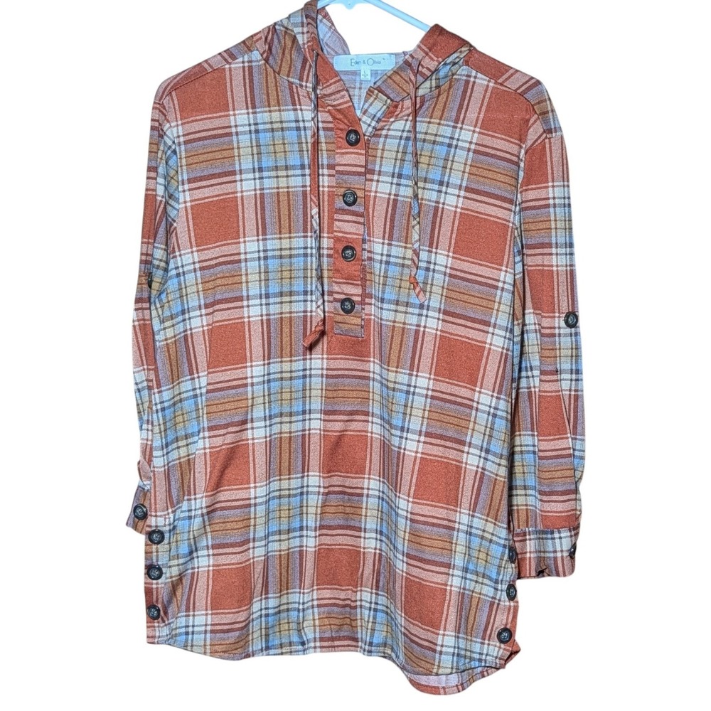 Eden and Olivia Hooded Pullover Shirt Flannel Rust Blue Tan Plaid Womens Large
